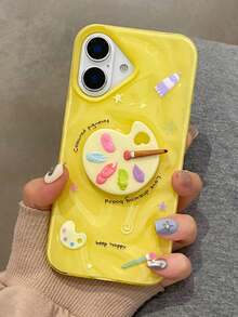 Cute Creative 3D Concave Convex Colorful Palette Yellow Phone Case Compatible With IPhone 15 16 Pro Max 14 Pro 13 12 11 Plus Graffiti Wrinkle Pattern Back Cover Waterproof Shockproof Anti-Fall Scratch Resistant - Yellow - View 3