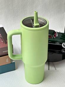 20/30/40oz Stainless Steel Insulated Tumbler With Handle & Foldable Straw, Double Wall Vacuum Sealed, Suitable For Hot & Cold Drinks, Minimalist Travel Mug, Green - Apple Green - View 6