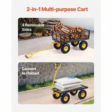 VEVOR Carro de jardin de acero resistente capacidad de 500 libras con lados de malla extraibles para convertir en cama plana carro de metal utilitario con mango giratorio de 180° y neumaticos de 10 - negro+amarillo - Ver 3