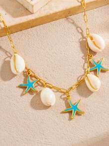 1 Set süße Cartoon Tropfenöl blau Seestern Anhänger Muschel Edelstahl Kette Schmuckset Ohrringe Halskette
