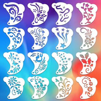 16pcs Face Painting Template Set - Makeup, Costume Party, Carnival Party, Birthday Party, Etc. Hollow-Out Colorful Painting Stencils, DIY Drawing Template, Printable Spray Painting Mask, Made Of Washable PET Material, Foldable And Reusable, Template And Printing Mask