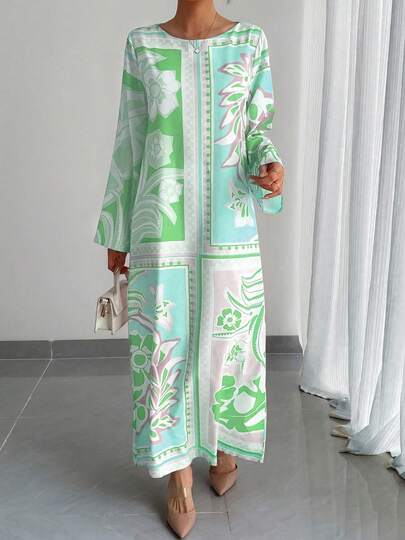 Women's Floral Print Slim Fit Long Dress, Green Color, Luxury Round Neck Long Sleeve Loose Elegant Casual Lightweight Breathable Vacation Style Maxi Dress, Suitable For Spring, Summer, Autumn, Traditional Arabic Dress For Holiday, Party, Evening, Gift, Festival, Home Wear
