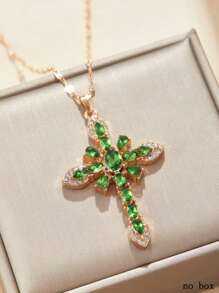1 peça colar elegante de zircônia verde com cruz, colar de oração, joias femininas para presente