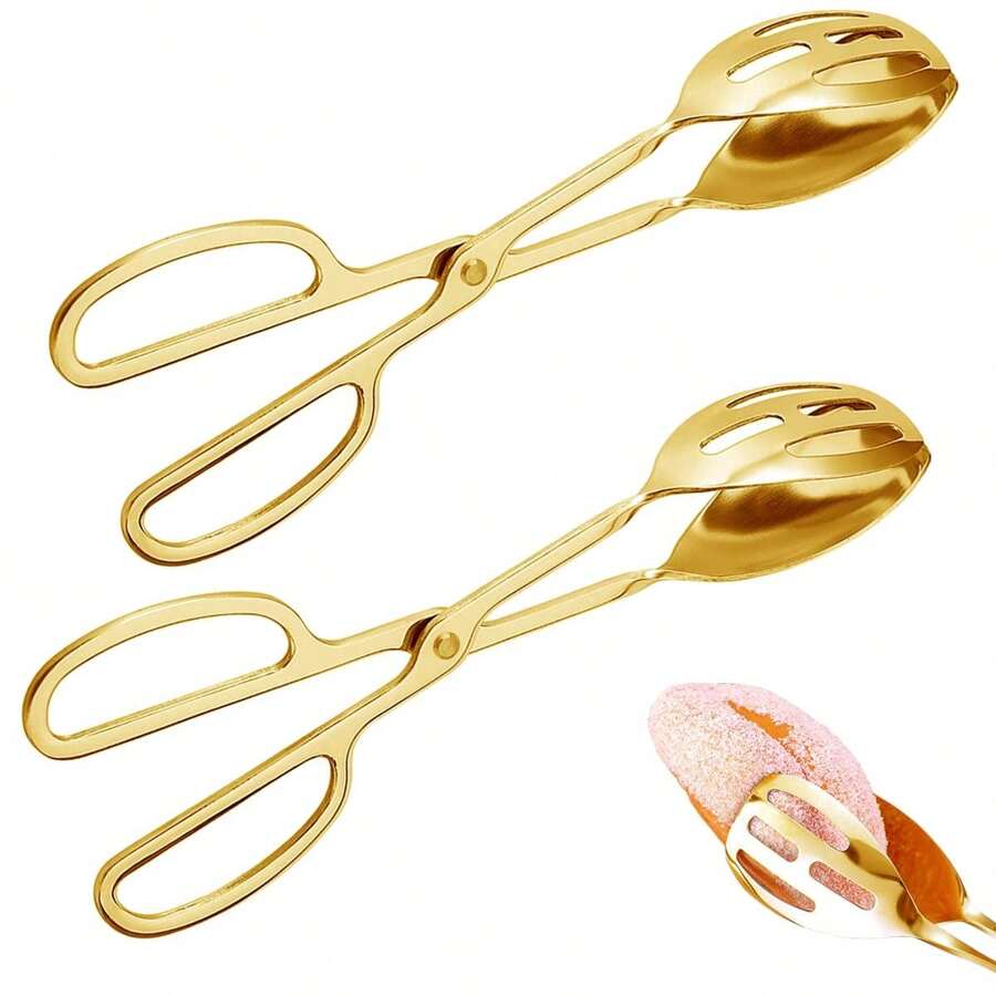 2 Pieces Buffet Salad Tongs For Kitchen Serving Cooking Stainless Steel Food Scissor Tongs Catering Utensil For Bread Cake Bake Steak Barbecue Gold