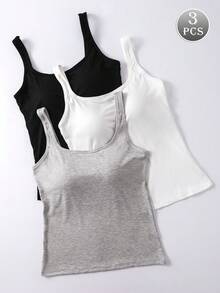 3pcs Women Solid Ribbed Camisole With Chest Pad, Casual Backless Cropped Tank Top