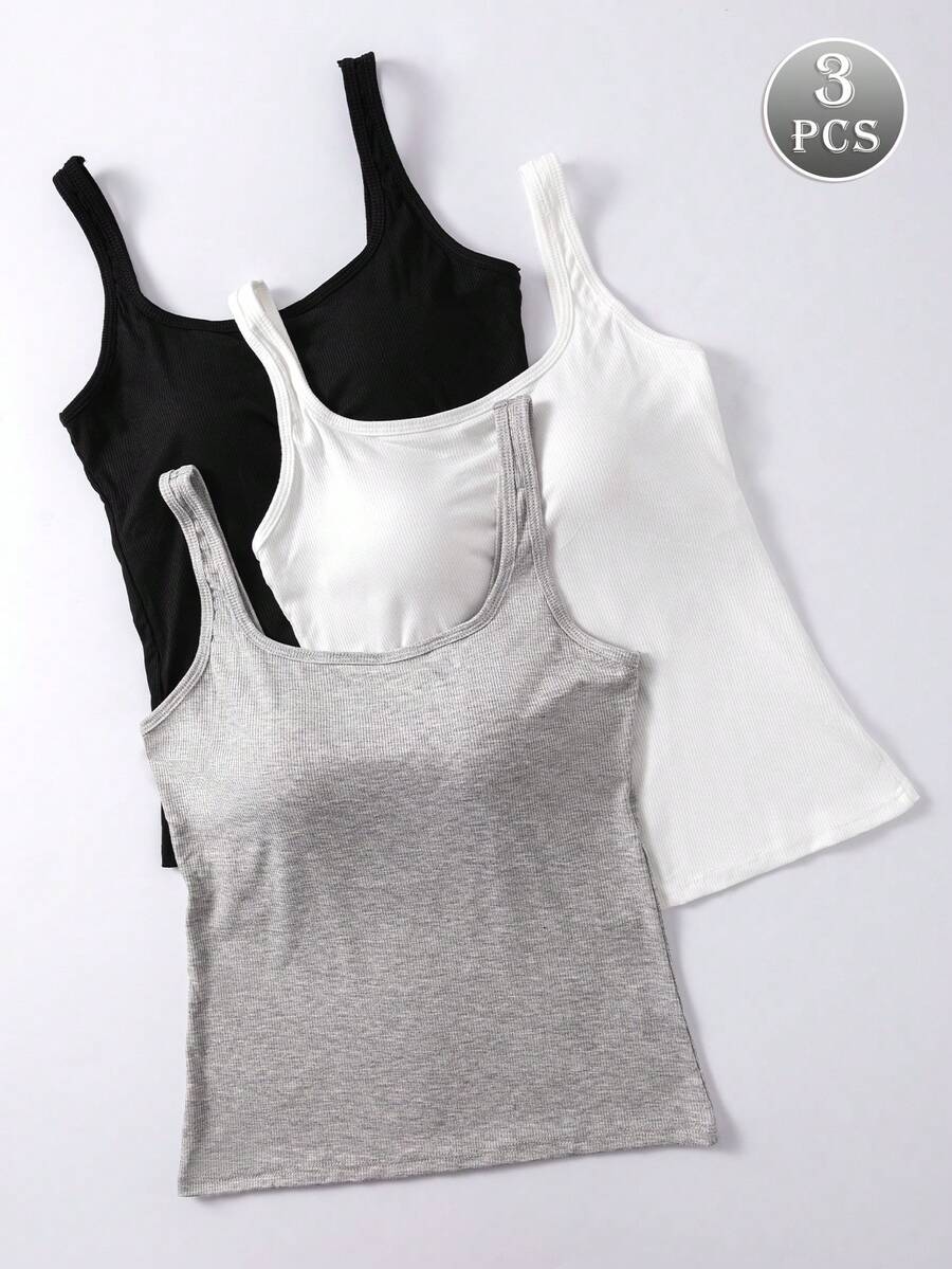 3pcs Women Solid Ribbed Camisole With Chest Pad, Casual Backless Cropped Tank Top