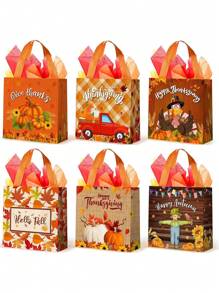 6pcs/3pcs-Autumn Thanksgiving Gift Bag With Handle, Reusable Thanksgiving Tote Bag With Tissues, Non-Woven Fabric, Autumn Pumpkin, Turkey, Maple Leaf, Turkey, Dwarf, Autumn Party Gift,Trick Or Treat