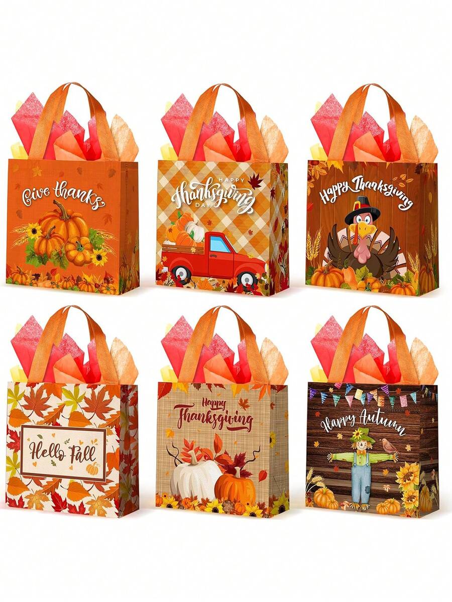6 件/3 件 - 秋季感恩节礼品袋（带提手）、可重复使用的感恩节手提袋（带纸巾）、无纺布、秋季南瓜、火鸡、枫叶、火鸡、矮人、秋季派对礼物、不给糖就捣蛋 - 彩色 - 查看 1