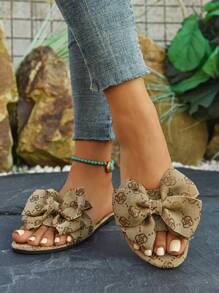 Women's Solid Color Flat Slippers With Bow Decoration, Casual Indoor And Outdoor Cloth Sandals, Fashionable And Comfortable, Bohemian Bow Design