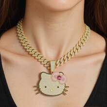 Sanrio 1 szt. Sanrio Hello Kitty Kuromi Cartoon Shiny Full Of Rhinestones Hip Hop Cool Trójwymiarowy Naszyjnik Wisiorek Hello Kitty Biżuteria, Prezent Słodki Kot Fashionista Kubański Naszyjnik Łańcuchowy