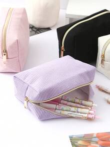 1 Pc Vertical Stripe Solid Color Pencil Case, Portable Stationery Bag, School Supplies For Big Friends And Primary School Student, First Day Of School - Multicolor - View 7