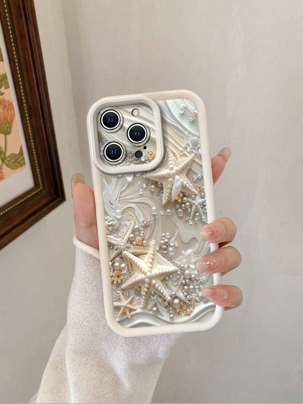 1pc Premium Luxury Starfish And Pearl Pattern Mirror Tempered Glass Thick Shockproof Phone Case Compatible With IPhone//OPPO/Vivo/Redmi/ Series