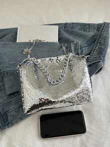 Fashionable Silver Sequin Shoulder/Crossbody Small Square Bag - Bright silver - View 6
