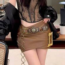 西部牛仔棕色铆钉女士腰带，新款复古美式百搭牛仔腰带，适合秋季、万圣节等场合 - 咖啡色金屬鏈 - 查看 14