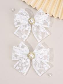 2 piezas Lazos de pelo de encaje blanco para niñas Lazos de encaje de unicolor con pinzas de cocodrilo Lazo bordado con flor Pasadores de pelo con perlas y rhinestone Elegantes pasadores de lazo para boda, vacaciones y accesorios de pelo para niños
