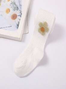 2 件装竖条纹花卉儿童袜子，纯色婴儿紧身裤不透明连裤袜，适合舞蹈/紧身裤