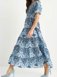 BIANCO LUCCI Women's Round Neck Balloon Sleeve Patterned Linen Textured Long Dress - Blue - View 1