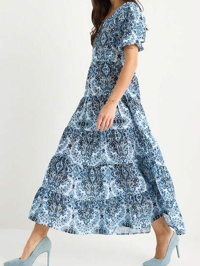 BIANCO LUCCI Women's Round Neck Balloon Sleeve Patterned Linen Textured Long Dress