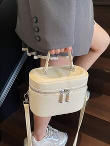 1pc Women's Mini Handbag, Fashion Solid Color Embroidery Rhombus Pattern Crossbody Bag Suitable For Cards And Keys - Beige - View 4
