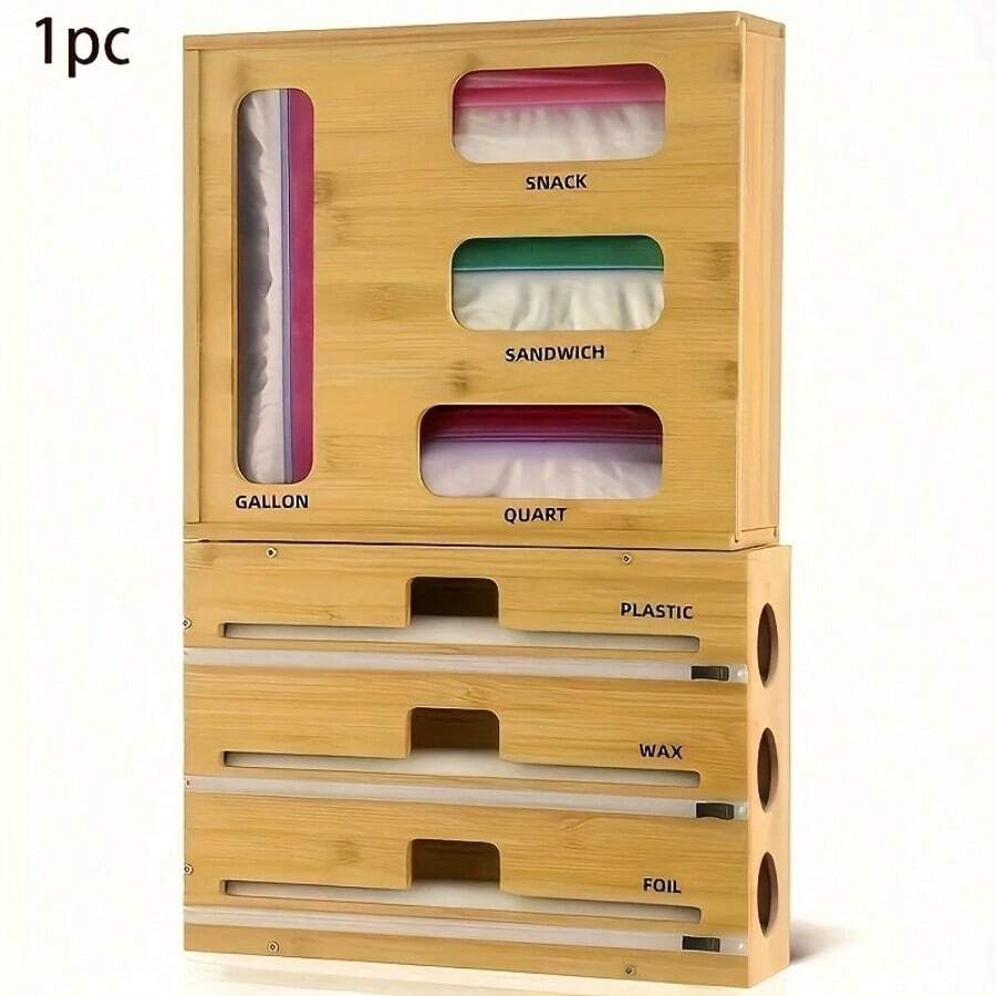 TAIMASI Bamboo Kitchen Drawer Organizer For Plastic Wrap, Aluminum Foil & Saran Wrap - Multi-Compartment Storage With Labeled Slots, Reusable High-Quality Design & Anti-Split Clips, Space-Saving Utensil Holder For Kitchen Accessories, Kitchen Accessories Storage, Product - 1pc - View 1