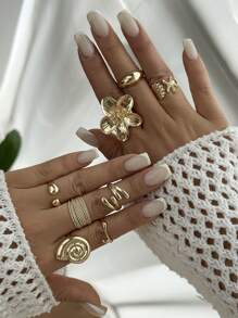 8 Stücke/Set Seestern & Kamm Offene Ringe, Set aus glatten Blumen-Legierungsringen, geeignet für Party, Geschenk und Alltagsgebrauch