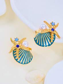 1 件海星和贝壳仿珍珠装饰时尚耳钉，适合女士夏季佩戴