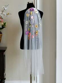 1 pièce Voile de mariée court à couche unique avec peigne, accessoire de mariage pour fête avec broderie florale colorée pour l'extérieur/pelouse
