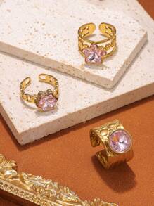 3pcs/Set Stainless Steel Gold & Pink Tone Gemstone Rings, Suitable For Women Daily Accessories Or Gifts