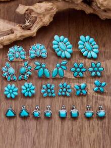 6/12/24pcs Retro Western Style Turquoise Stud Earrings, Geometric Triangular, Round, Square, Flower-Shaped Turquoise Stud Earrings Set For Women, Daily Wear