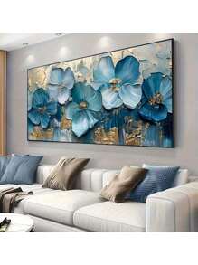 1 peça de pintura a óleo em tela com flores azuis, fundo abstrato com enfeites de flores azuis. Adequado para sala de estar, quarto, escritório, bar, decoração de parede de hotel, pôster floral moderno, decoração de casa, artes de parede em estilo moderno, pôsteres sem moldura.
