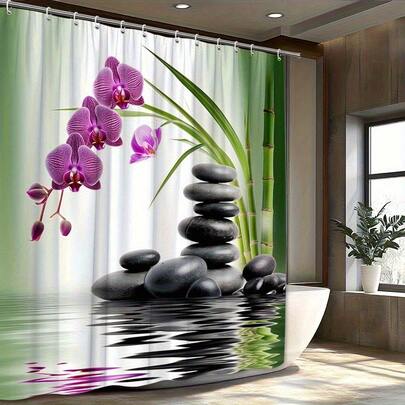 1 件禅意风格浴帘，涤纶面料，无需钻孔，安装简便，适用于家庭、酒店、度假村，亦可作为礼品赠送。浴室浴帘套装包含 12 个挂钩，是浴室装饰的理想之选。