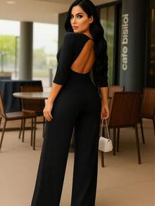 MACACÃO LONGO ELEGANTE ABERTURA NAS COSTAS MANGA 3/4 CHIC PERNA LARGA