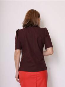 Women's Tailored Linen Formal Blouse With Button - 鏽棕色 - 查看 3