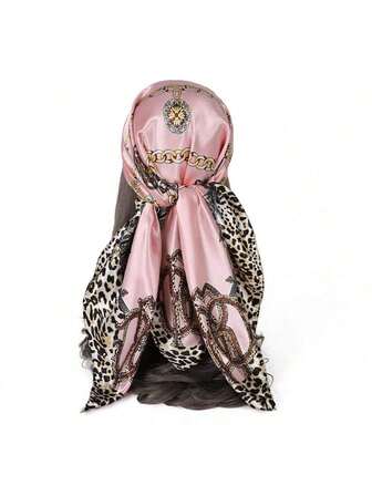 90平方围巾新款头巾豹纹链条装饰缎面真丝围巾百搭多用途仿丝巾