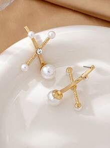 1 Pair Women's Unique Geometric Cross Faux Pearl Stud Earrings, Fashion Accessories