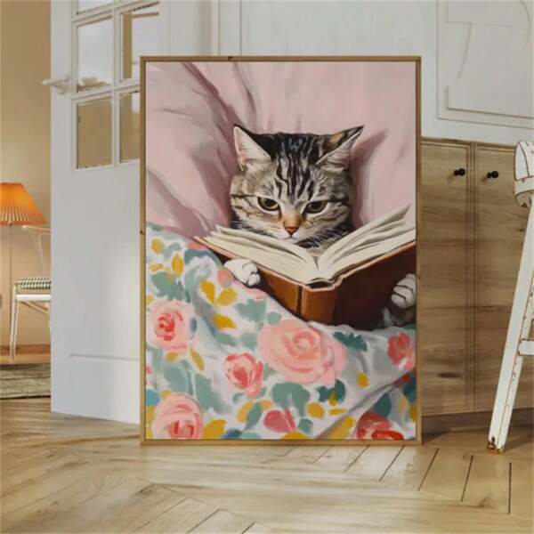 1 Stück Wandkunst Katze liest Buch Poster | Bücher Liebhaber Kunst, Dopamin Dekoration, Getigerte Katze Malerei & Bibliothek Dekoration, Wandkunst - Zeitgenössisches Poster-Leinwandgemälde Kunst Sommerurlaub Leinwandgemälde - Für Heimdekoration Enthusiasten - Wanddekoration Raumdekoration Heimdekoration Dekor für Zuhause Geschenke, Wohnzimmer, Bad, Schlafzimmer, Küche Raumdekoration (Ohne Rahmen)