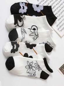 5 Pares (Estilo Aleatório) Meias Curtas Respiráveis com Estampa de Alimentos Frescos e Flores, Meias Fofas de Renda Branca com Corte Baixo para Estudantes