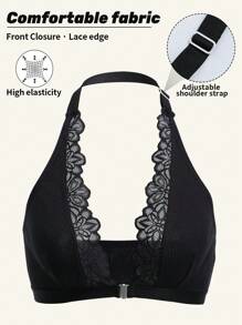 Women's Sexy Lace Neck Plunge Bra Front Closure Seamless Bralette Black Backless Contrast Mesh Lingerie For Women Adjustable Halter Underwear Wireless Halter Bra Top For Evening Events And Weddings