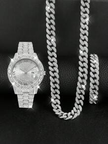 Set de 4 piezas: 1 reloj analógico de lujo de cuarzo cristalino, 2 pulseras con cuentas de estilo hip-hop, 1 collar con colgante de cruz - Accesorios de color dorado/plateado para hombres, negocios, deportes, uso diario, regalos
