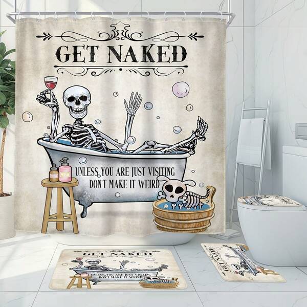 Fun Skeleton Polyester Shower Curtain Set - 1pc/4pcs Waterproof Bathroom Decor With 12 Hooks, Anti-Slip Bath Mat, U-Shaped Toilet Mat, Toilet Lid Cover Back To School
