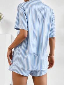 Conjunto camisa larga short corto holgados rayado set blusa rayas verticales - Azul - Ver 2