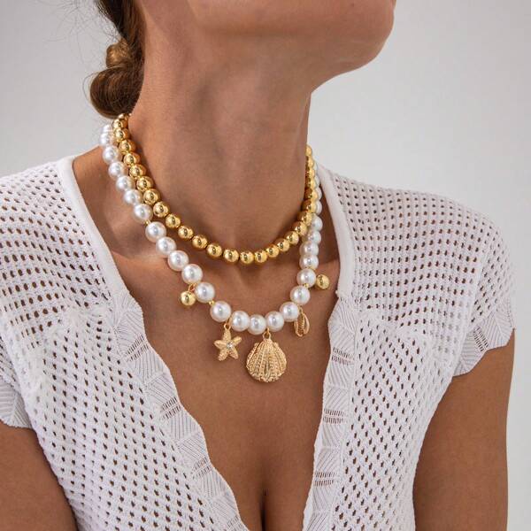 1 pièce Collier pendentif avec coquillage, étoile de mer et conque, chaîne de clavicule en perles fausses CCB minimaliste pour femmes