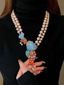 2 pièces Ensemble de collier et boucles d'oreilles avec pendentif multicouche imitation perle, coquillage et étoile de style luxe océanique