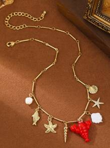 1pc Women's Fashion Jewelry, Ocean Themed Chain Necklace With Colorful Starfish, Seashell, Lobster Pendant, Suitable For Summer Beach Vacation, Beach Party And Daily Wear. Packaged In Velvet Bag