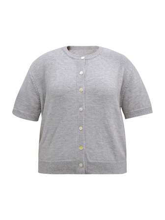 春夏新款休闲时尚优雅圆领短袖仿贝壳纽扣大码女式针织上衣