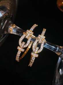 Elegant & Luxury Cubic Zirconia Creative Horse Shoe C Shape Copper Earrings, Glamorous Jewelry For Women Events