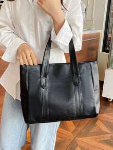 女士简约大容量纯色托特包，优雅拉链仿皮手提单肩包，轻便日常通勤工作挎包，休闲旅行购物袋流浪汉钱包，适合节日礼物