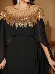 [Random Print] SUPGIR Women's V-Neck Long Sleeve Sequin Patchwork Slim-Fitting High Slit Ball Gown Temperament Evening Dress - Black - View 5