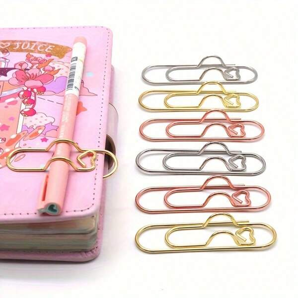 6 pièces/3 pièces Pinces métal multifonctionnelles en forme de cœur de couleurs mixtes, trombones avec boucle pour stylo, accessoires pour journal et carnet, pince pour stylo fixe, porte-stylo
