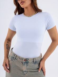 Women's Basic Blouse, High Neck, Short Sleeve, Autumn Winter, Ribbed, Premium - trắng - Xem 3